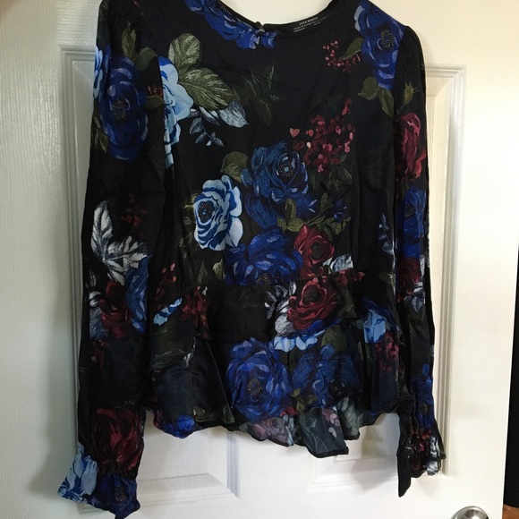 Zara Black Floral Peplum Long Sleeve Blouse - Picture 7 of 8